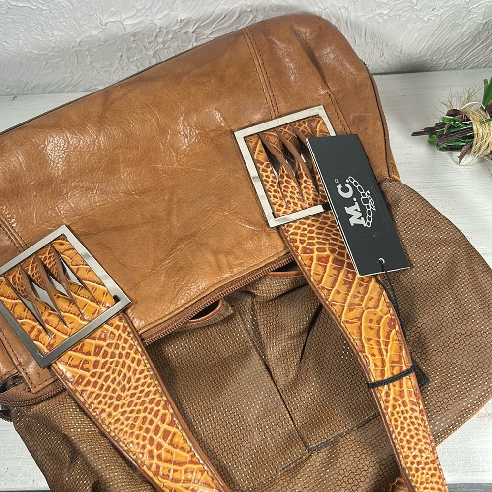 🆕M.C. Embossed NEW Genuine Leather Shoulder Bag Camel Color Silver Accents NWT - Picture 16 of 16